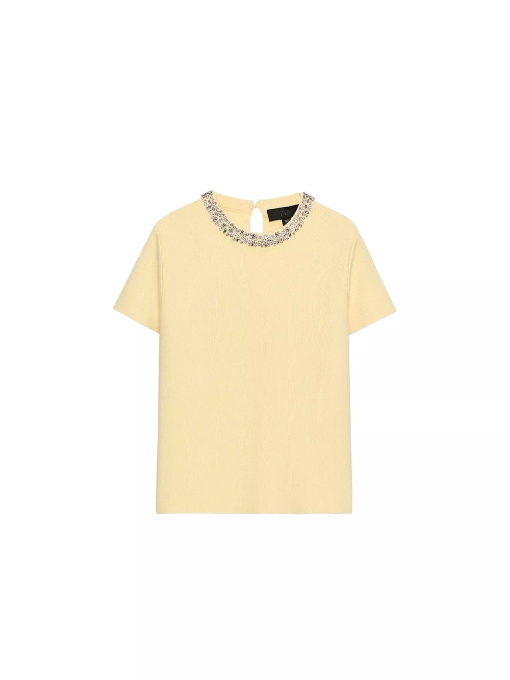 Zara Pale Yellow Jeweled Neck Short Sleeve Top